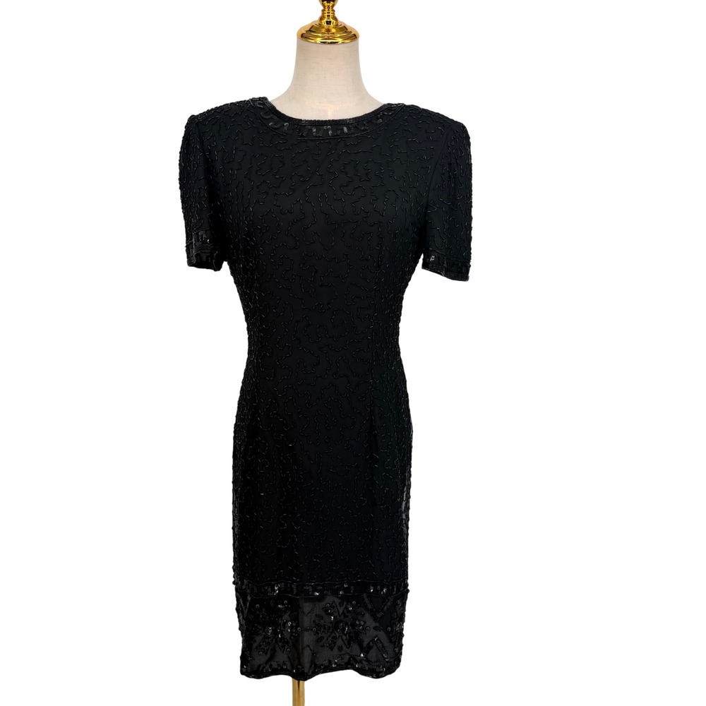 Stenay Beaded Silk Mob Wife Dress 6 Black Vintage Sequin Cocktail Sheath Evening